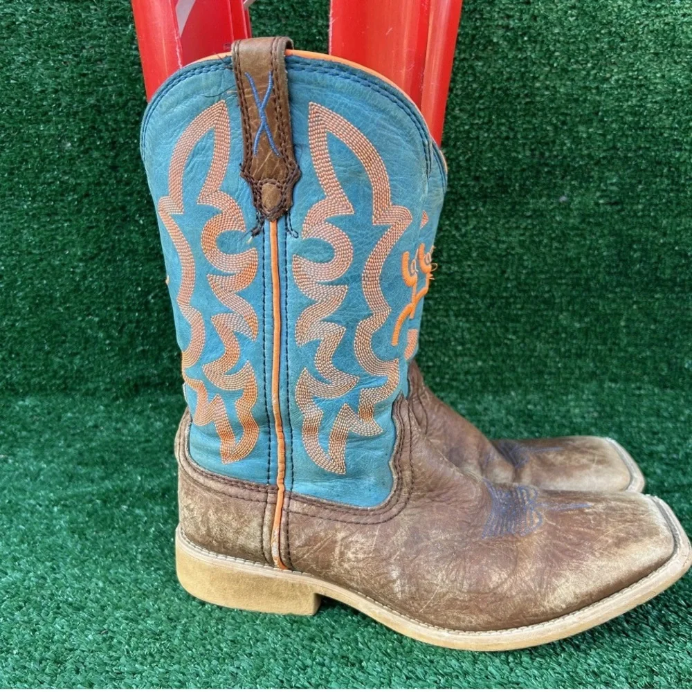 Twisted X Hooey Boots Size 4M Looper Leather Cognac Blue‎ Orange Cowboy Western
